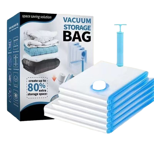 Vacuum storage bags with hand pump compression system